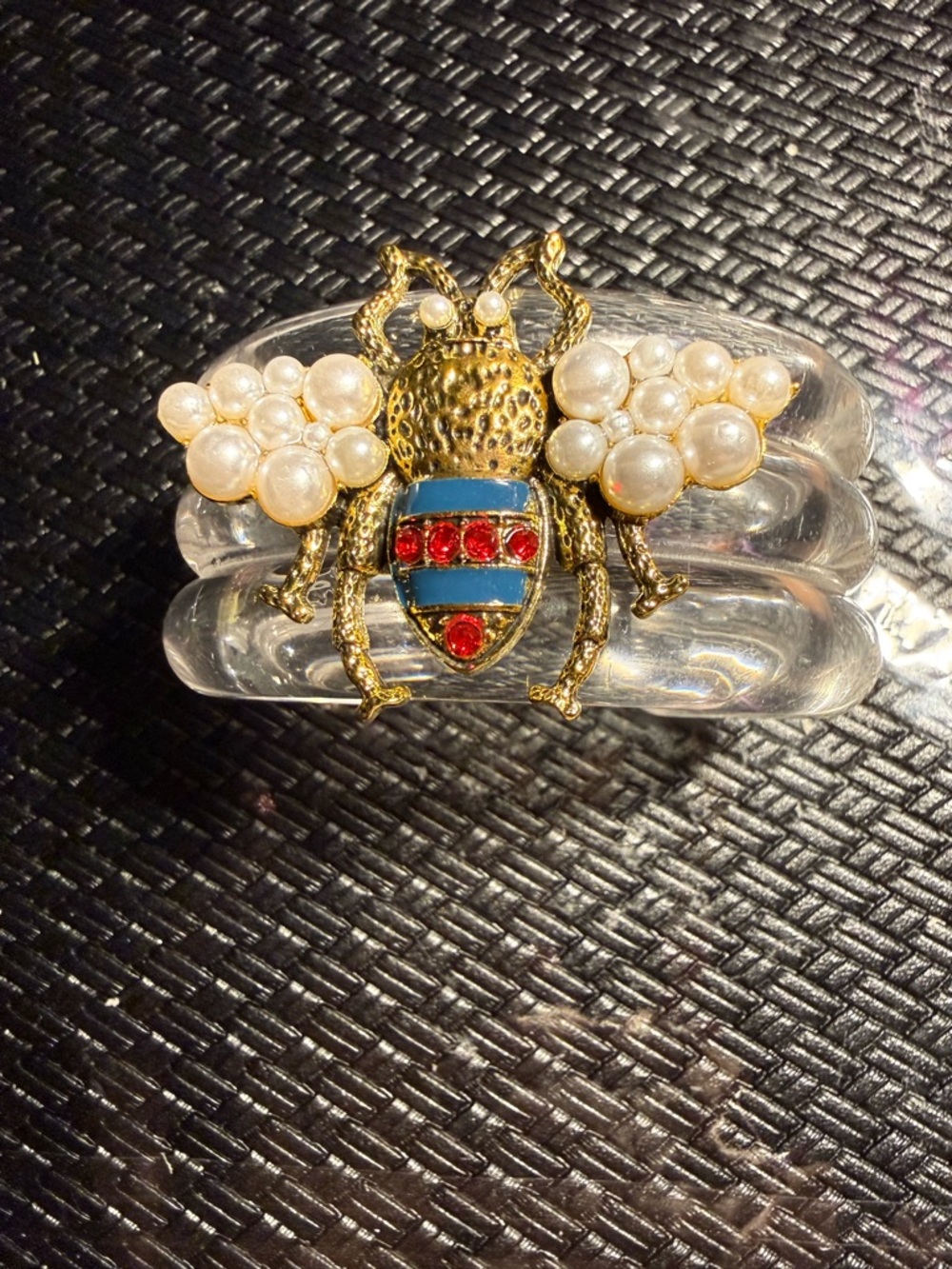 Gold Bee Bracelet with Pearl Wings and Red-Green Enamel Body.